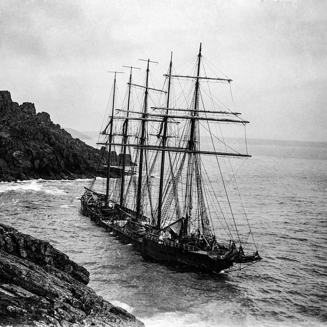In a raging storm, the Adolf Vinnen, a German five-masted barque just a few months old, was driven onto rocks at Bass Point (the Lizard). On 14 February 1923, The Cornishman carried a dramatic report about the rescue: Nothing more thrilling or awe-inspiring has ever been witnessed at the Lizard. "Imagination can hardly picture the feelings of these poor seamen, who watched their colleagues one by one being taken to safety, whilst each moment their danger increased."